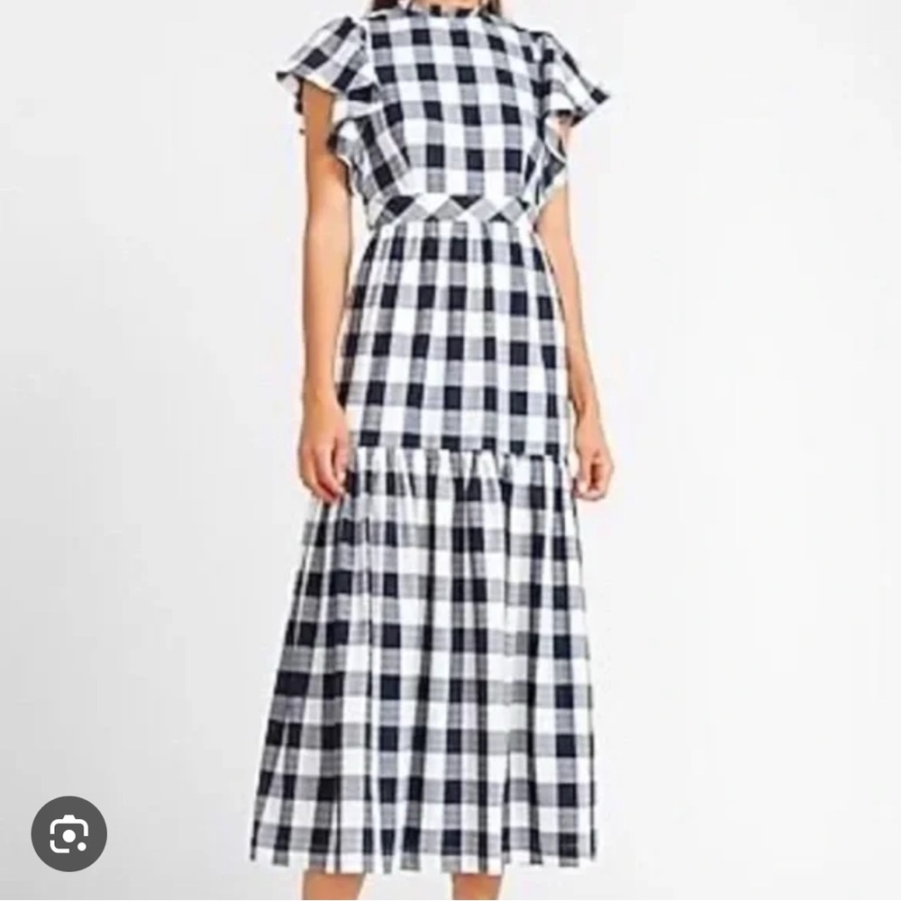 Express X Ladygang Navy and White Plaid Midi Dress Gingham western